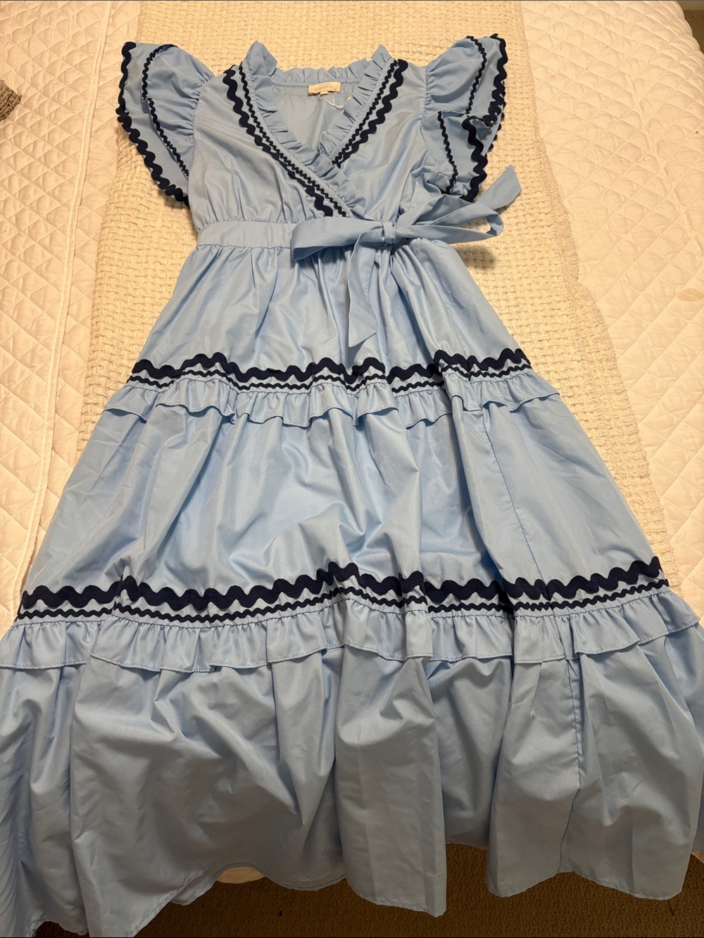Entro Light Blue Ruffle Wrap Dress with Navy Trim